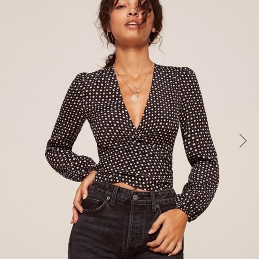 REFORMATION polka dot wrap top